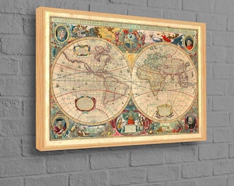 Antique World Map Wall Art, Map Canvas Art, Old World Map Printed, School Art, Classroom Artwork, Vintage World Map Artwork,