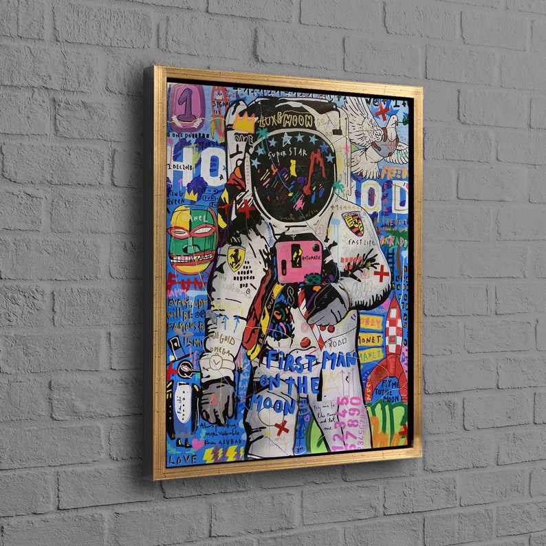 Wall Art, Canvas Decor, 3D Wall Art, Banksy Astronaut, Banksy Poster, Spaceman Canvas Decor, Modern Graffiti Canvas Poster, Gold Framed