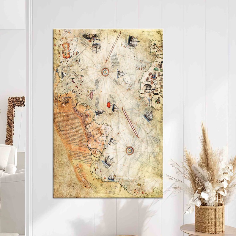 May include: An antique nautical map with a faded, yellowed background. The map features intricate lines and markings, depicting a coastline and several ships. The map is framed in a simple, wooden frame.