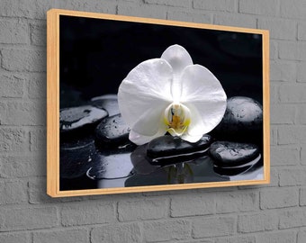 Zen-väggkonst med vit orkidé, kanvastavla med spa-sten, minimalistisk blomsterdekor, lugnt badrums- eller yogarumskonstverk