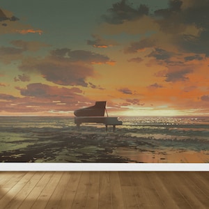Carta digitale tramonto, murale da parete paesaggio, carta da parati paesaggio marino, anniversario di carta, arte di carta pianoforte sulla spiaggia, arte murale stampabile,