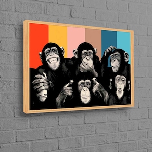 Monkeys Painting, Thinking Monkey Art, Animal Canvas Art, Trendy Poster, Monkey Wall Decor, Contemporary Canvas,