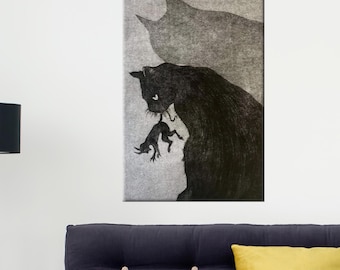 Impresión en lienzo de gato negro, póster de arte gótico oscuro, gato misterioso con sombra, decoración de pared única para sala de estar o galería moderna.