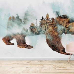 トレンディな壁紙、動物のウォールアート、壁装、クマの壁紙、3D 壁装飾、雪の中を歩くクマのウォールアート、家庭用ギフト、