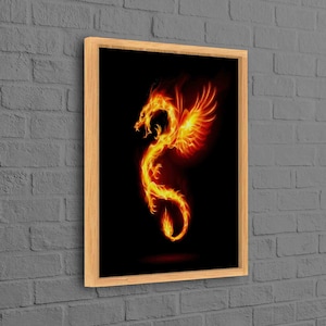 Póster de animales, obra de arte de dragón, arte de pared de fuego, lienzo de arte de silueta de dragón, obra de arte de dragón de fuego, arte de pared de dragón de fuego chino,