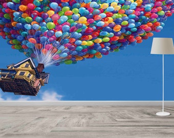 May include: A whimsical image of a house lifted by a multitude of colorful balloons against a bright blue sky. A white floor lamp stands to the right. The house is yellow and brown, with a chimney. The balloons are various colors.