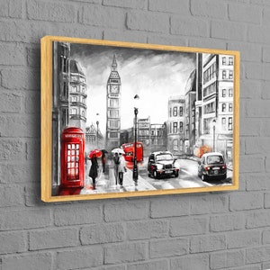 London Rote Telefonzelle Leinwand, Big Ben Landschaft, Leinwand, London Leinwandkunst, Big Ben Tower Wandkunst, abstrakte Wandkunst, schwarzer Rahmen Leinwand