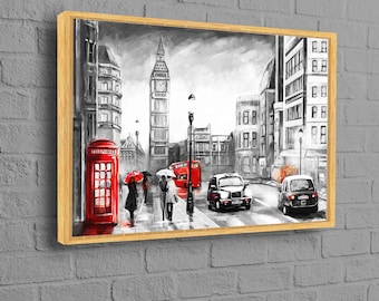 London Red Telephone Box Canvas, Big Ben Landscape, Canvas, London Canvas Art, Big Ben Tower Wall Art, Abstract Wall Art, Black Frame Canvas