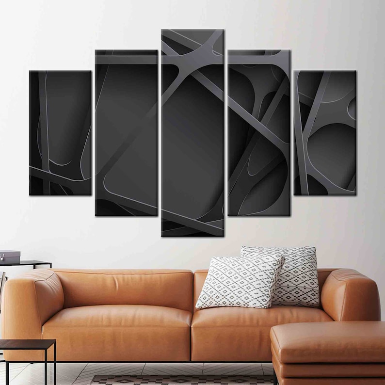 May include: Five-piece abstract art print set featuring a black and gray geometric design with overlapping shapes and lines.