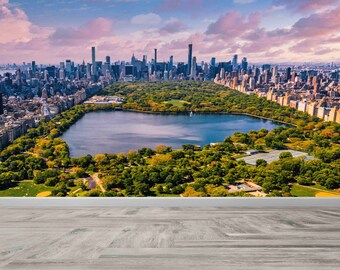 May include: An aerial view of Central Park in New York City, with the skyscrapers of Manhattan in the background. The park is lush and green, with a large lake in the center. The sky is a beautiful blue with pink clouds.