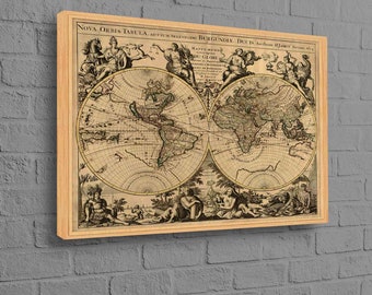 Puede incluir: Un mapa del mundo antiguo impreso en papel con un marco de madera. El mapa está dividido en dos hemisferios, mostrando los continentes de América del Norte, América del Sur, Europa, Asia, África y Australia. El mapa está rodeado por un borde decorativo con figuras y texto. El texto dice "NOVA ORBIS TABULA. AD USUM SERENISADO BURGUNDIE DUCIS. Authore Jamor. From MAPZE MOND DU GLOBE"