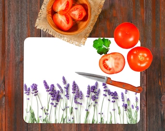 Tagliere per amanti della lavanda, tagliere per servire alla lavanda, tagliere per servire con fiori viola, tagliere per servire botanico, tagliere in vetro temperato,