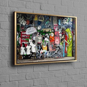 May include: A colorful collage of graffiti art on a wall. The art features a variety of images, including people, animals, and abstract designs. The text "We're so dysfunctional" is visible in the center of the image.