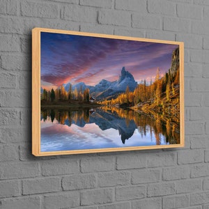 Opere d'arte sugli alberi, arte autunnale, decorazione murale sulle Dolomiti, stampa di paesaggi, poster di riflessi, tela del tramonto, decorazione murale della foresta, opere d'arte sulla natura,