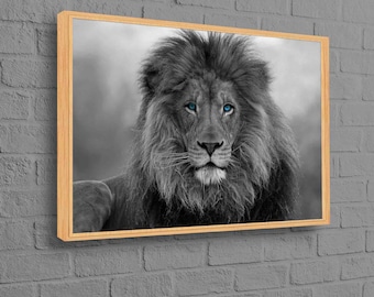 Schwarz-Weiß-Löwe Leinwand, Blauäugige Löwe Wandkunst, Wildness Animal Canvas Wandkunst, kraftvolle Tier Leinwand Kunstwerk, Masculine Lion Canvas