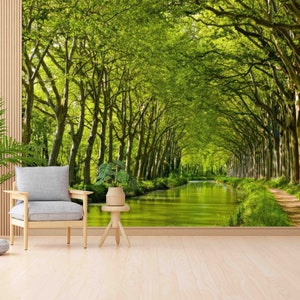 Grüner Kanal du Midi in Frankreich Wanddekor, Frankreich Landschaftskunst, grünes Wandposter, Landschaftswandkunst, entfernbares Wandpapier, selbstklebendes Papier,