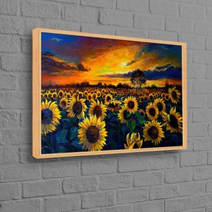 Sunflower Field Painting, Nature Landscape Artwork, Sunset Nature Landscape Canvas Art, View Artwork, Sunset Landscape Canvas Art,
