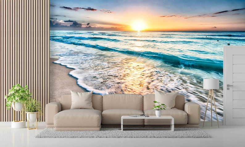 Sea View Wall Decals, Sea Digital Paper, Sunset at the Ocean Wall Decor, Gift Wallpaper, Landscape Wall Decor, Wall Mural Wallpaper, image 3