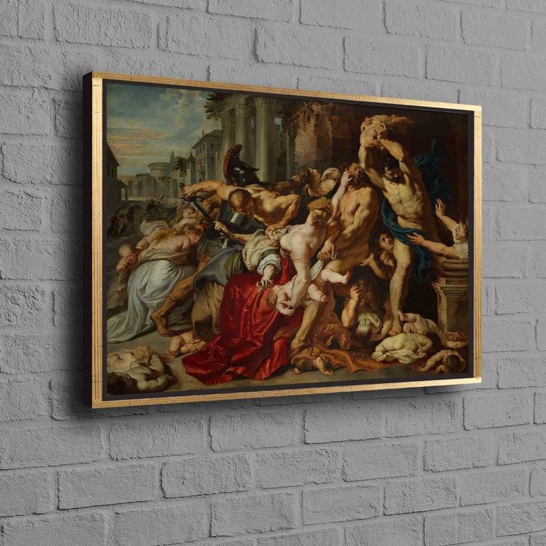 Pode incluir: Uma pintura que retrata uma cena ca&oacute;tica de viol&ecirc;ncia e derramamento de sangue.  A pintura &eacute; dominada por um grupo de figuras, algumas das quais est&atilde;o atacando outras com espadas e outras armas.  A cena se passa em uma rua da cidade, e h&aacute; edif&iacute;cios e outras estruturas no fundo.  A pintura &eacute; feita em um estilo realista, e as cores s&atilde;o apagadas e terrosas.