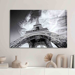 Landmark Glass Wall, Eiffel Photo Glass, Glass Wall Art Eiffel Tower, Paris Architecture Glass Print, Modern Black and White Wall Decor