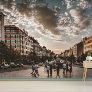 Carta da parati con paesaggio di Piazza Venceslao, carta artigianale di Praga, pittura murale con paesaggio, pittura murale con cielo meraviglioso, carta da parati 3D, parete decorativa,