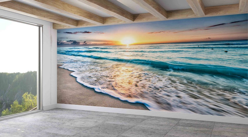 Sea View Wall Decals, Sea Digital Paper, Sunset at the Ocean Wall Decor, Gift Wallpaper, Landscape Wall Decor, Wall Mural Wallpaper, image 1