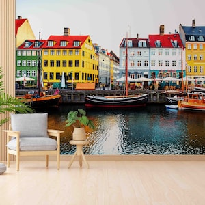 Pittura murale con paesaggio di Copenaghen, carta da parati con paesaggio, carta da parati con vista di Nyhavn in Danimarca, carta digitale per la Danimarca, artigianato di carta,