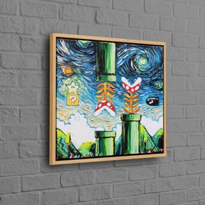 Canvas Home Decor, Canvas Wall Art, Large Wall Art, Van Gogh Style Mario Painting, Game Room Printed, Van Gogh Mario Canvas Gift,