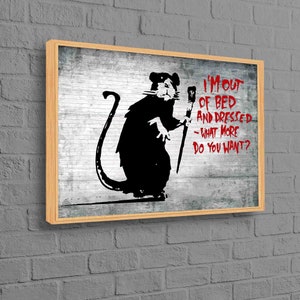 Arte en lienzo de ratón de Banksy, decoración de pared de Banksy, estampado callejero, arte de rata de Banksy fuera de la cama, decoración de pared con grafiti, arte de pared abstracto