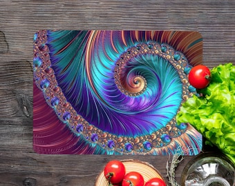 May include: A colorful abstract design with a swirling pattern in shades of blue, purple, and gold. The design is reminiscent of a spiral galaxy or a seashell.