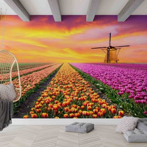 Fai da te, pittura murale, carta digitale Tulip Garden, carta digitale Tulip, stampa murale Sunrise, regalo di inaugurazione della casa, giardino di fiori