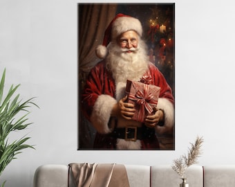 Santa Claus with Gift Christmas Canvas Art, Festive Holiday Wall Decor, Santa Painting Poster