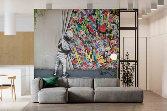 Kid Graffiti Mural, Behind the Curtain Wall Paper, Martin Watson Wall Decor, Banksy Boy Mural, Banksy Graffiti Wall Mural,
