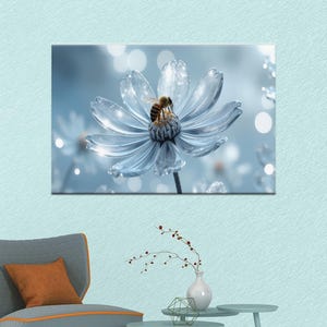 Arte de parede em tela inspirada na natureza, arte de abelha em flor, pintura botânica moderna, tela floral elegante, decoração para sala de estar