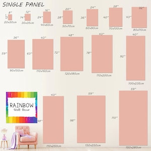 May include: A chart showing different sizes of single panel canvas prints for wall decor. The chart shows the dimensions in inches and centimeters. The chart also shows a rainbow-colored canvas print with the text "RAINBOW Wall Decor".