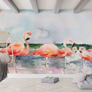 Decoración de pared tropical, mural de pared de pájaros, póster de pared abstracto, pintura de pared de flamencos, pintura de pared de flamencos rosas, papel tapiz moderno,