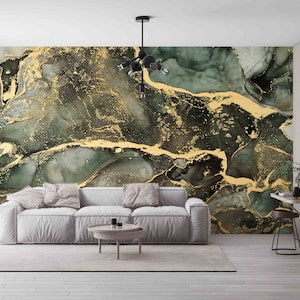 Marmo verde e oro, decorazione da parete in marmo, pittura murale astratta, carta da parati in marmo di lusso, poster da parete scintillante, arte murale moderna,