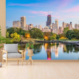 Chicago Wandpapier, Stadtlandschaft Wandbild, Geschenk Tapete, personalisierte Tapete, Ansicht Wandaufkleber, Büro Wandkunst, 3D Druck Kunst,