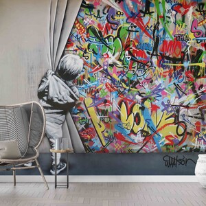 Kid Graffiti Mural, Behind the Curtain Wall Paper, Martin Watson Wall Decor, Banksy Boy Mural, Banksy Graffiti Wall Mural, image 3