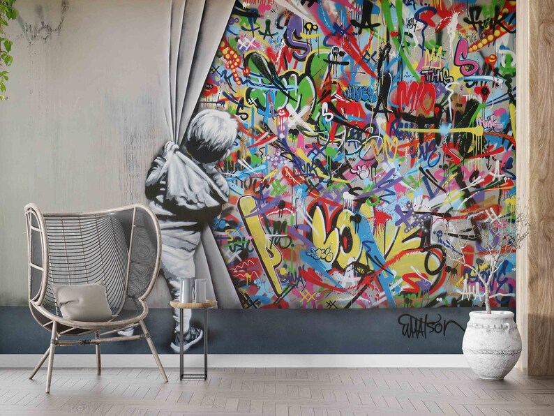 Kid Graffiti Mural, Behind the Curtain Wall Paper, Martin Watson Wall Decor, Banksy Boy Mural, Banksy Graffiti Wall Mural, image 3