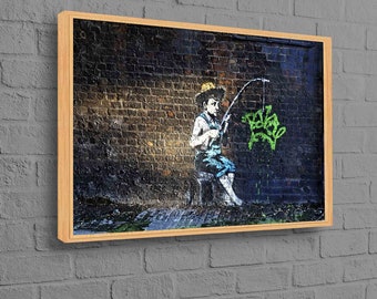 Banksy Fishing Boy, Abstract Canvas, Fishing Banksy Artwork, Graffiti Wall Art, Street Canvas, Painting Canvas, Banksy Art,