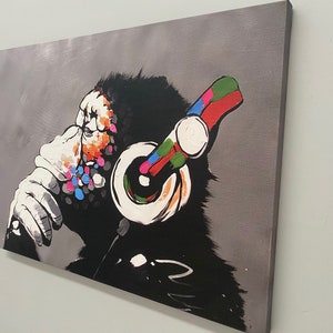 Banksy Thinking Monkey, Dj Monkey, Banksy Monkey, Headphones Chimp, Banksy Painting, Black Frame Canvas, Street Art Print, Monkey Canvas Art