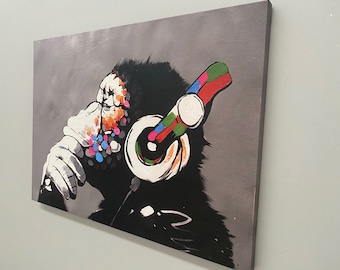 Banksy Pensando Macaco, Dj Macaco, Banksy Macaco, Fones de ouvido Chimp, Banksy Pintura, Moldura Preta Tela, Impressão de Arte de Rua, Arte em Tela de Macaco