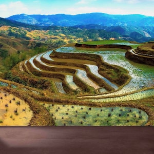 Banaue Reisterrassen Philippinen Kunst, Natur, Landschaft, berühmte Orte Wandkunst, grüne Tapete, Ansicht Wanddekor, selbstklebendes Papier,
