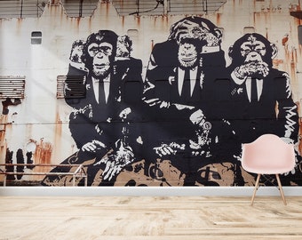 Banksy Three Monkeys Wall Painting, Monkey Graffiti Wall Art, Banksy Wallpaper, Wise Monkeys Wall Art, Street Wall Decals, Gift Wallpaper,