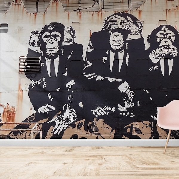 Banksy Three Monkeys Wall Painting, Monkey Graffiti Wall Art, Banksy Wallpaper, Wise Monkeys Wall Art, Street Wall Decals, Gift Wallpaper,