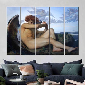 May include: A multi-panel canvas print depicting a fallen angel with large, feathered wings. The angel is nude and has a sorrowful expression on their face. The background is a cloudy sky with other angels in the distance.