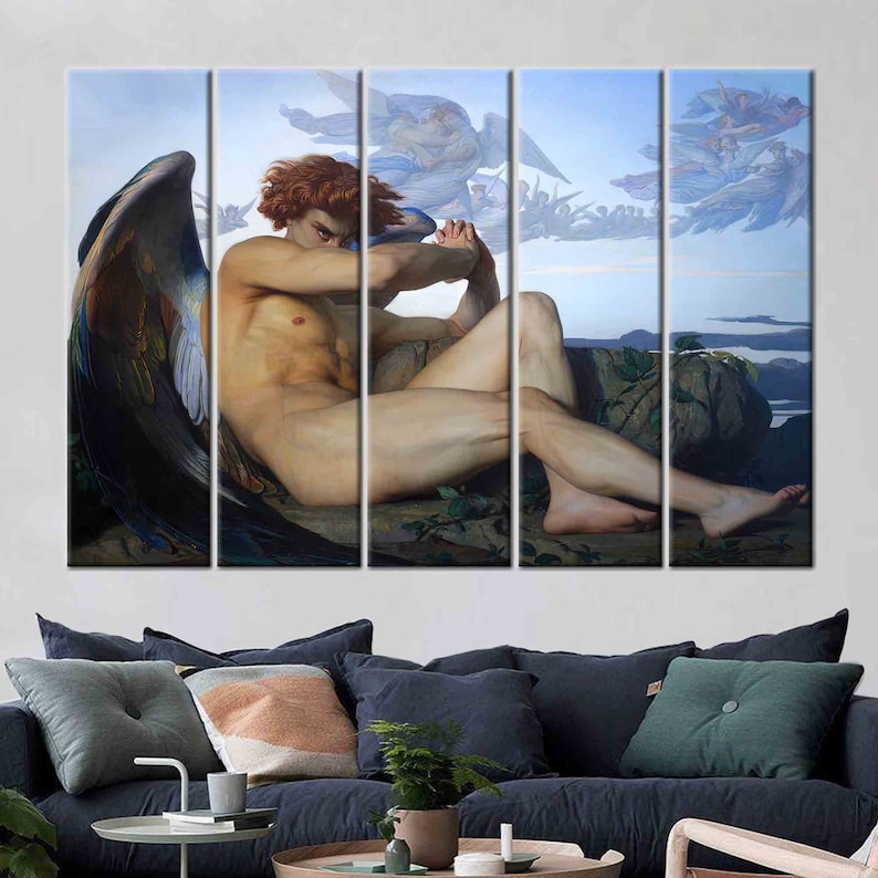 May include: A multi-panel canvas print depicting a fallen angel with large, feathered wings. The angel is nude and has a sorrowful expression on their face. The background is a cloudy sky with other angels in the distance.
