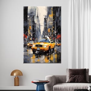 New York Taxi Canvas Art, Urban City Street Glass Print, Yellow Cab Poster, Modern Wall Decor for Living Room or Office Design