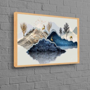 Gold Deer Canvas, Abstract Wall Decor, Forest Poster, Mountain Canvas, Deer Wall Art, Golden Deer Poster, Deers Artwork, Mountain Painting,